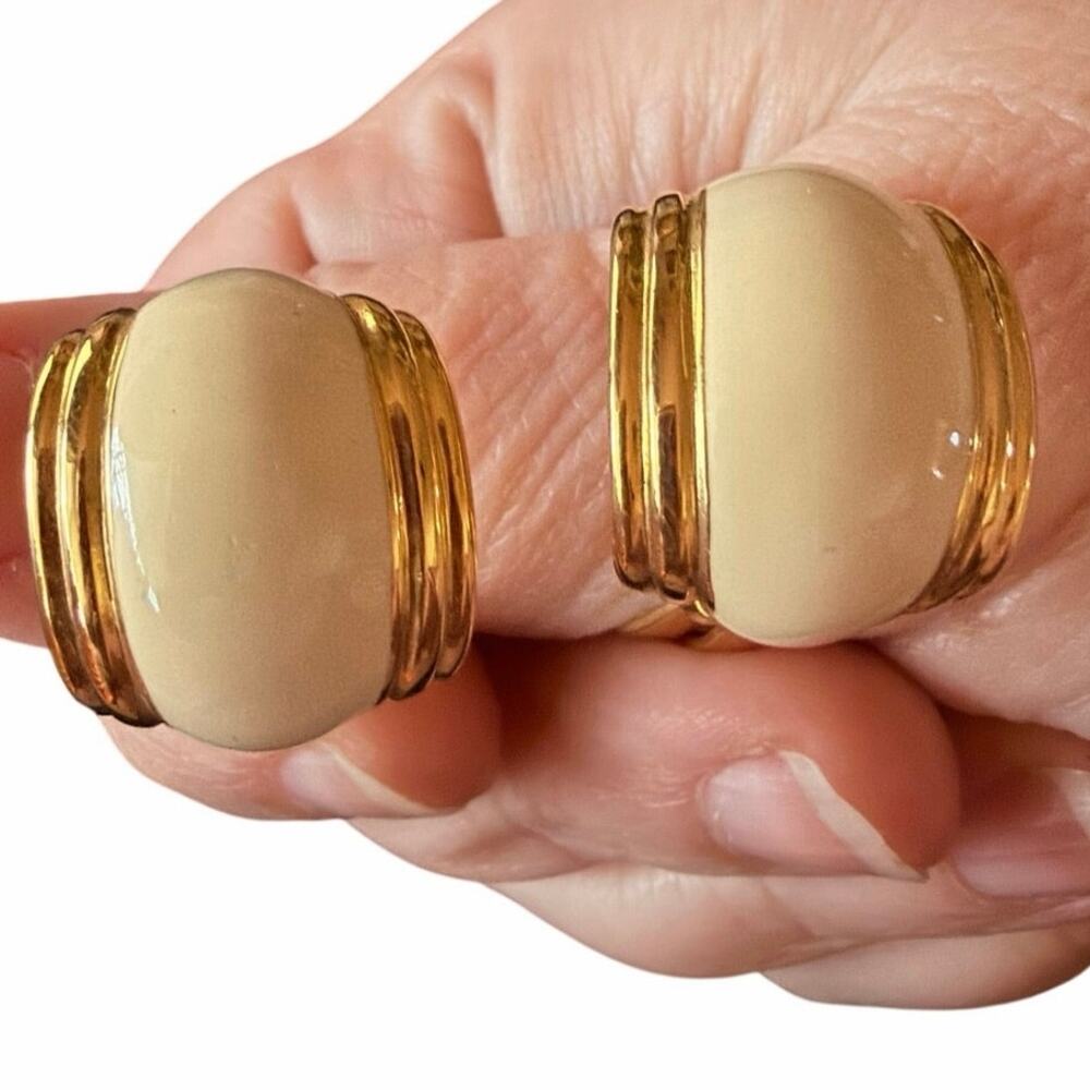 Vintage gold tone and cream enamel clip on wide hoop earrings classy coastal